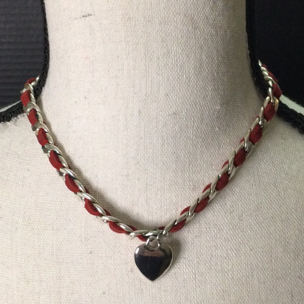 Silver Chain Choker with Red Suede Ribbon Intertwined and a Heart Pendant